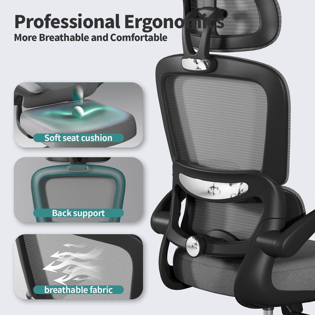 Office Chair Ergonomic Desk Chair, 330 LBS Home Mesh Office Desk Chairs with Wheels, Comfortable Gaming Chairs (Black Grey)