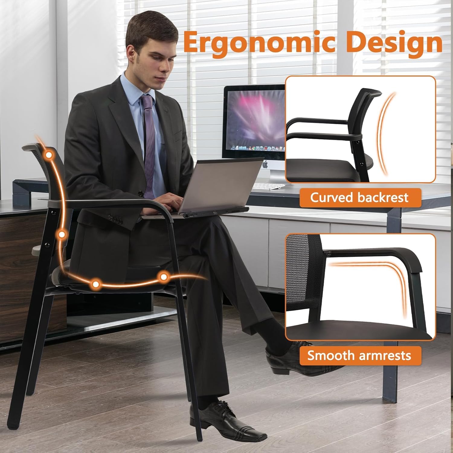 Set of 8, Stackable Office Chair, Mesh Back Guest Chairs with Comfortable Leather Seat Arms Stacking Ergonomic Desk Chair No Wheels for Conference Waiting Reception School Stationary, Black