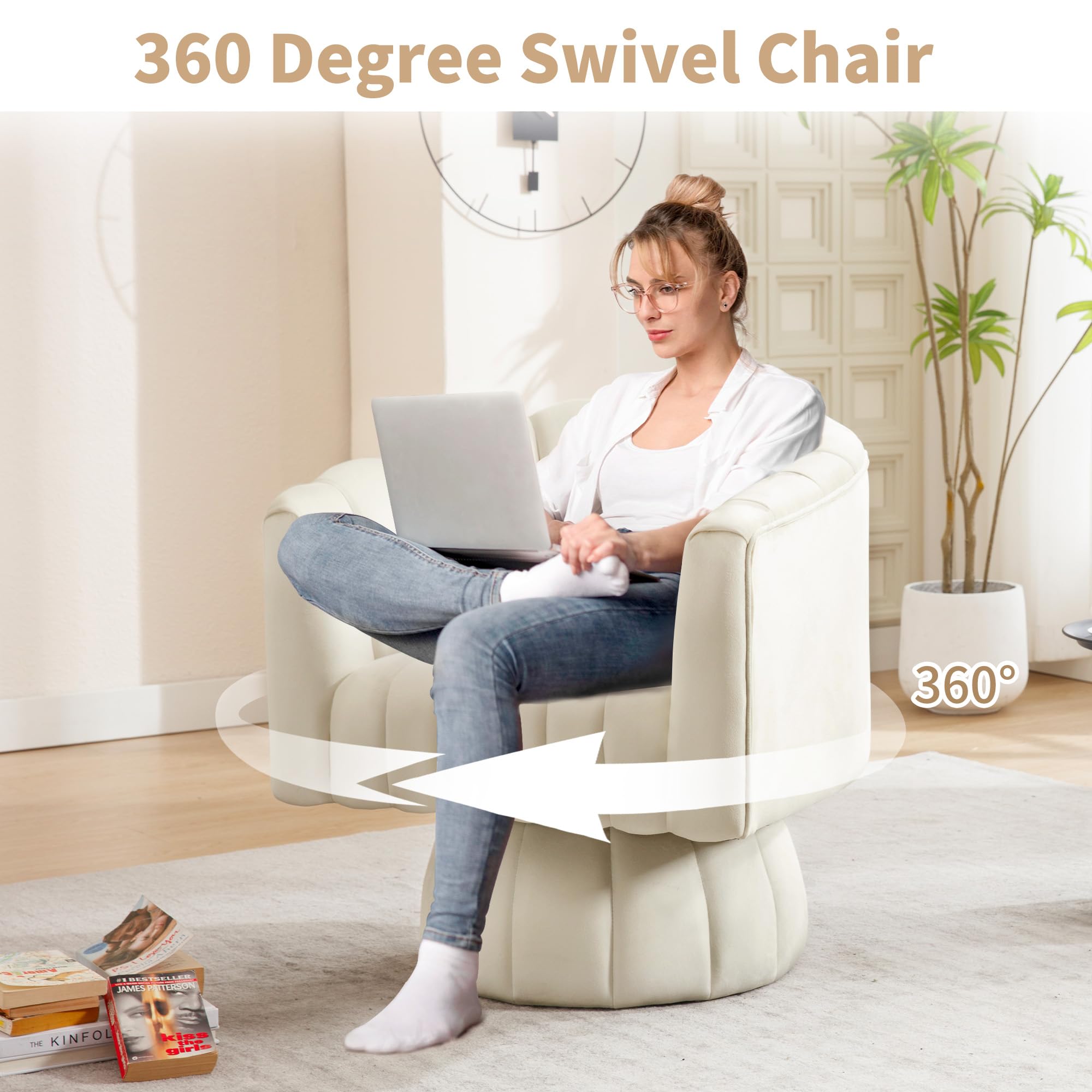 Swivel Accent Barrel Chair Set of 2- Cute Comfy Small Round 360° Arm Chair Velvet Sofa Club Reading Chair for Office Living Room Bedroom Beige