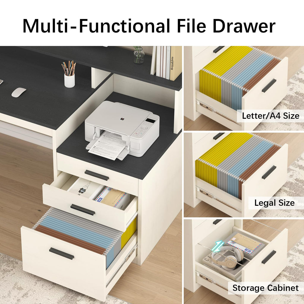 65 Inch Computer Desk with 3 Drawers & Storage Shelves, Executive Desk with File Drawer & Cabinet, Home Office Desk with Long Monitor Stand & Printer Shelf, Black & White