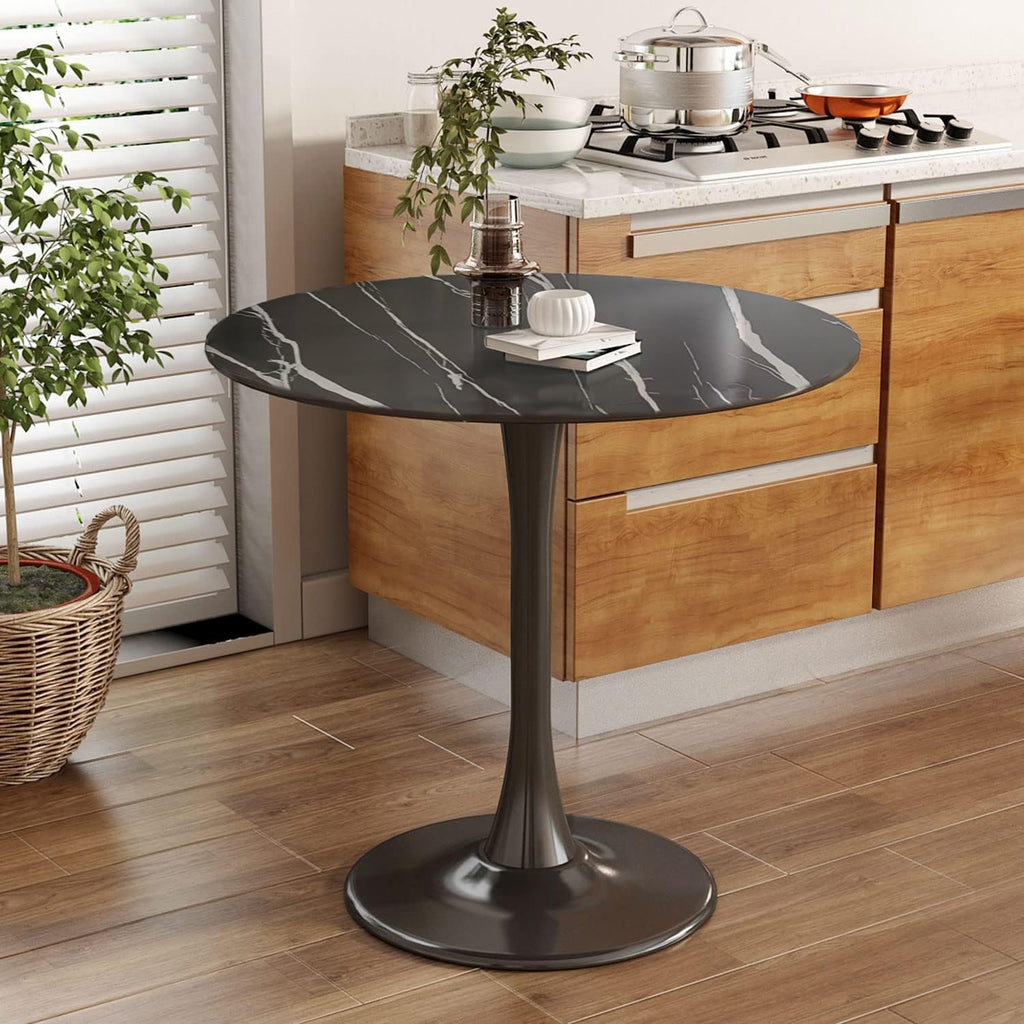 Sybrioka 24" Tulip Table for 1-2 Persons Modern Round Dining Table, Mid-Century Modern Black Marble Small Kitchen Table with MDF Wooden Top, Leisure Coffee Table for Living Room, Dining Room, Office