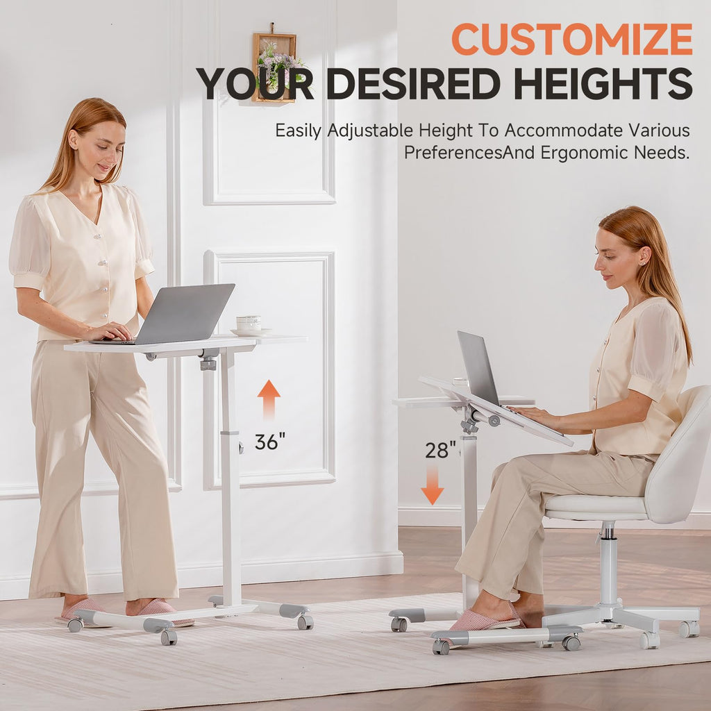 Small Standing Desk, 28 Inches Tiltable Mobile Rolling Laptop PC Table with Lockable Casters, Adjustable Height Overbed Bedside Table Computer Workstation for Home Office, White-Tiltable