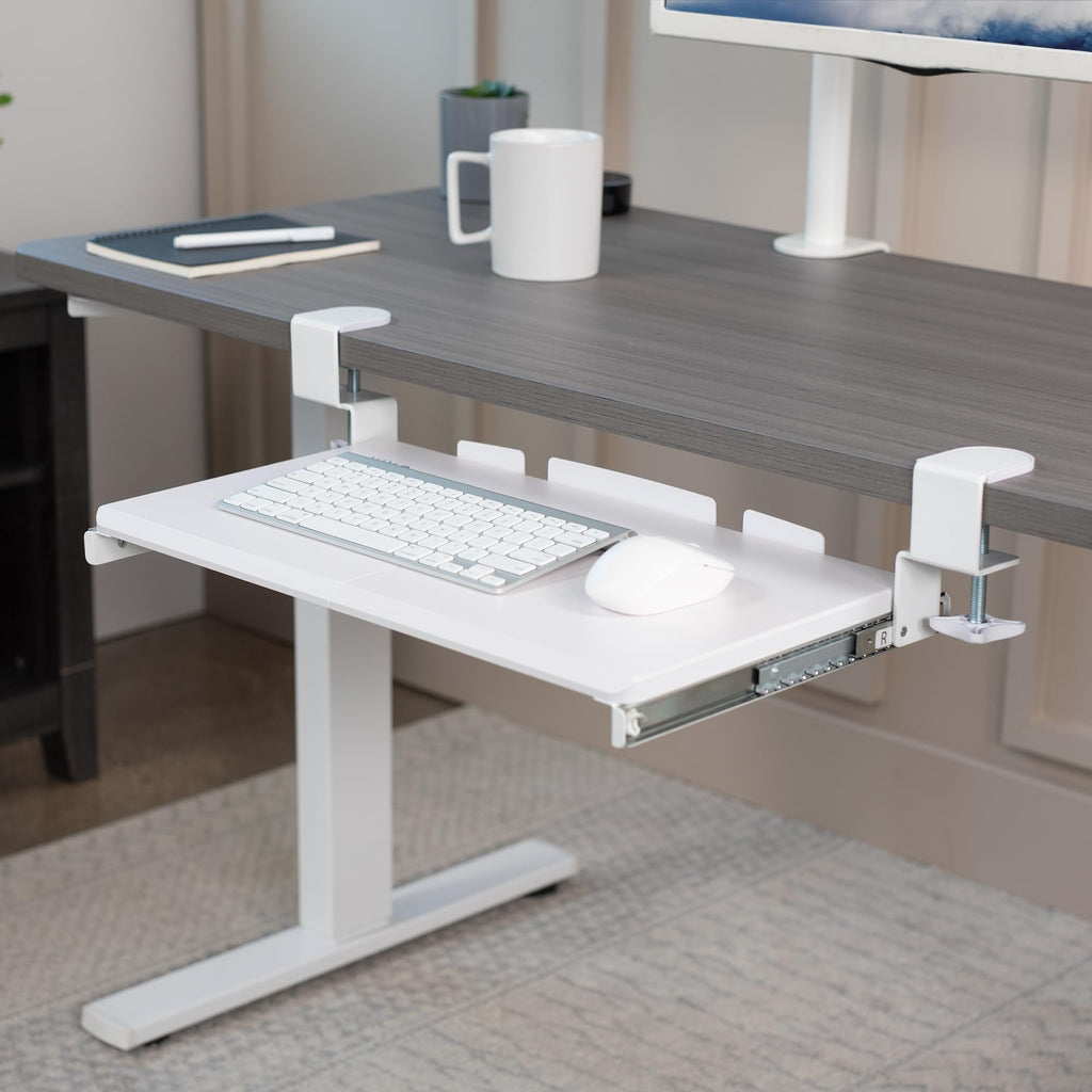 Small Keyboard Tray, Under Desk Pull Out with Extra Sturdy C Clamp Mount System, 20 (26 Including Clamps) x 11 inch Slide-Out Computer Platform Drawer, White
