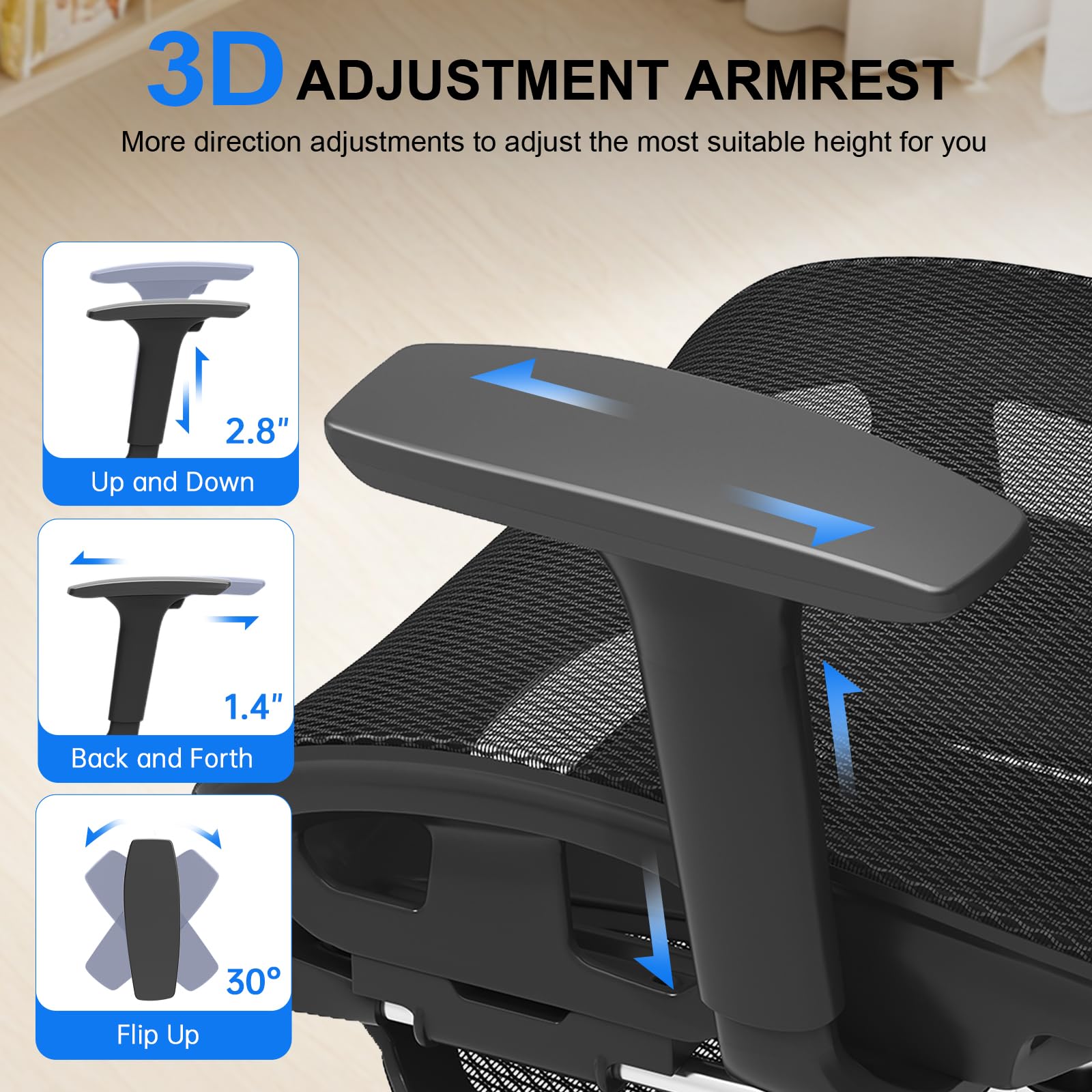 Ergonomic Mesh Office Chair, Home Desk Chair with Adjustable Lumbar Support, 3D Headrest and Armrests, Reclining Big and Tall High Back Computer Gaming Chair for Man Women, 350lbs, Black