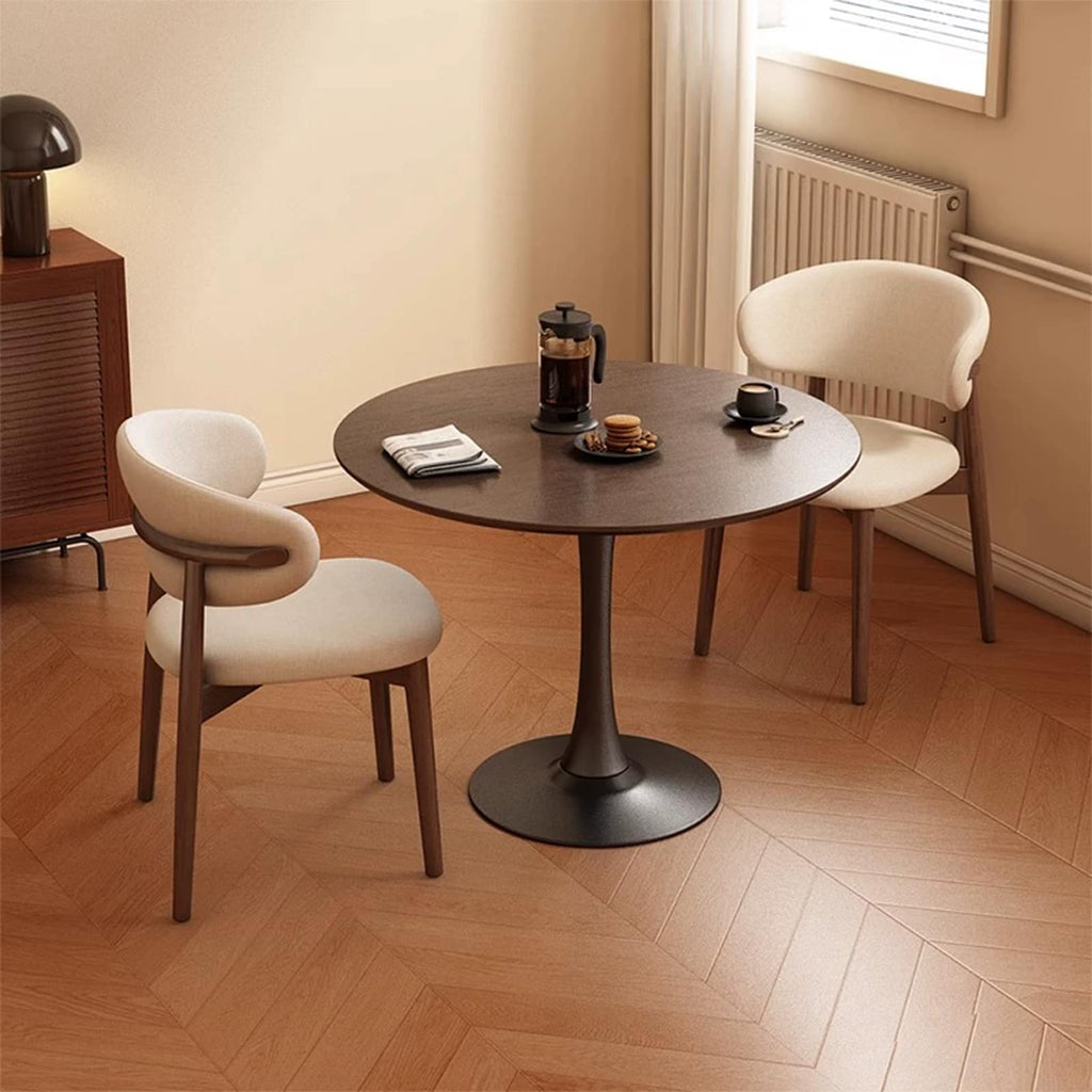 HYYTEIBL 27.3" Round Tulip Dining Table for 2-4 People with Walnut Top and Black Metal Pedestal Base, Mid-Century Modern Small Space Table for Kitchen, Living Room, Cafe