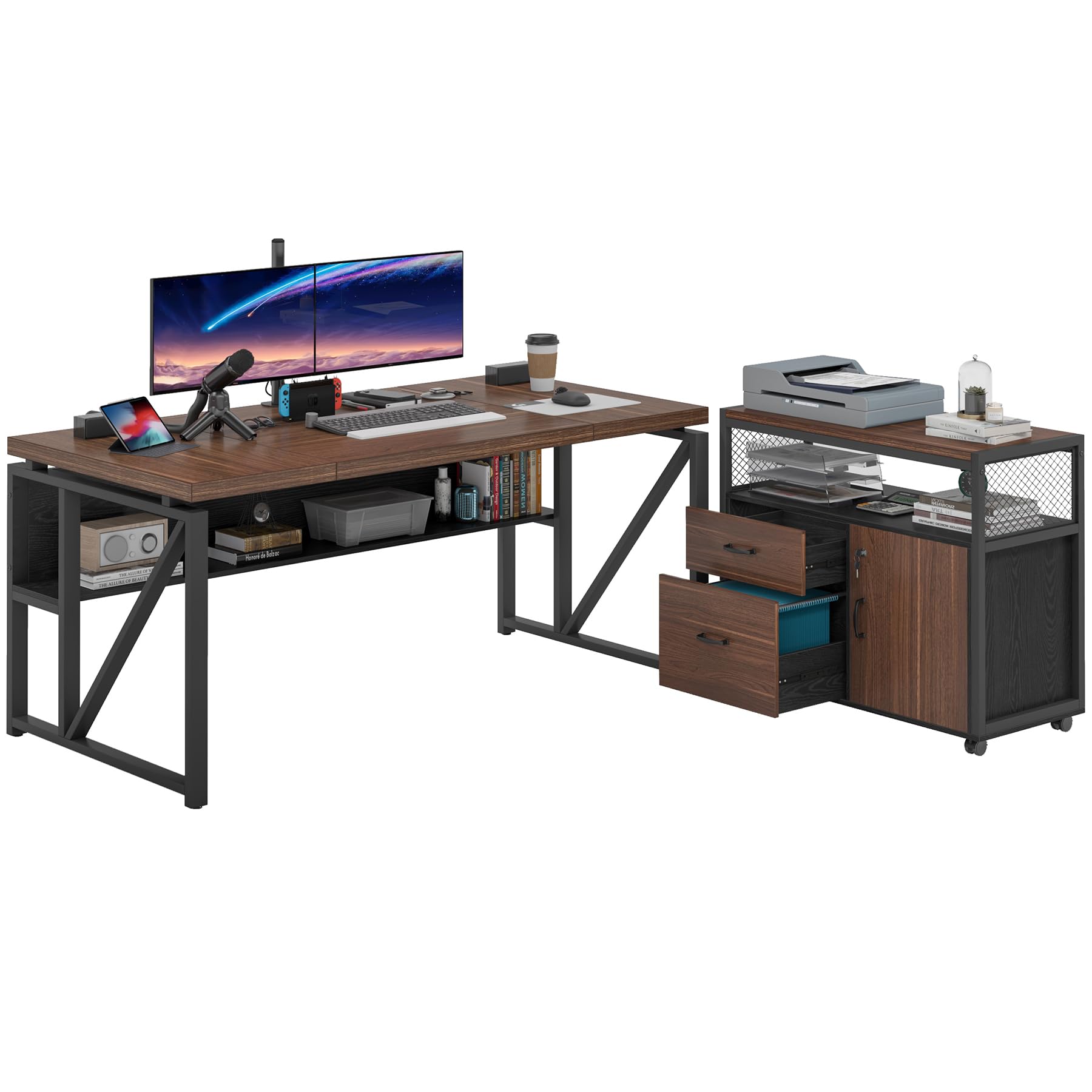 Office Desk with Drawers Sets, 63 inches L Shaped Computer Desk with Mobile File Cabinet,Big Executive Desk for Home Office Furniture Sets (Dark Brown, 63-inch)