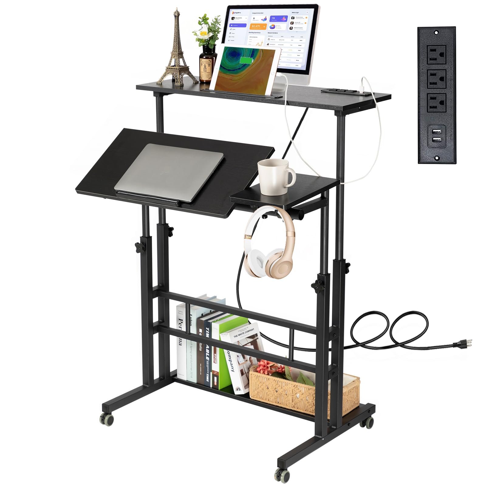 Stand Up Desk, Rolling Desk Adjustable Height, Mobile Standing Desk with Wheels & Charging Station, Portable Stand for Laptop, Rolling Computer Cart TV Tray, Small Standing Desk Drawing Table