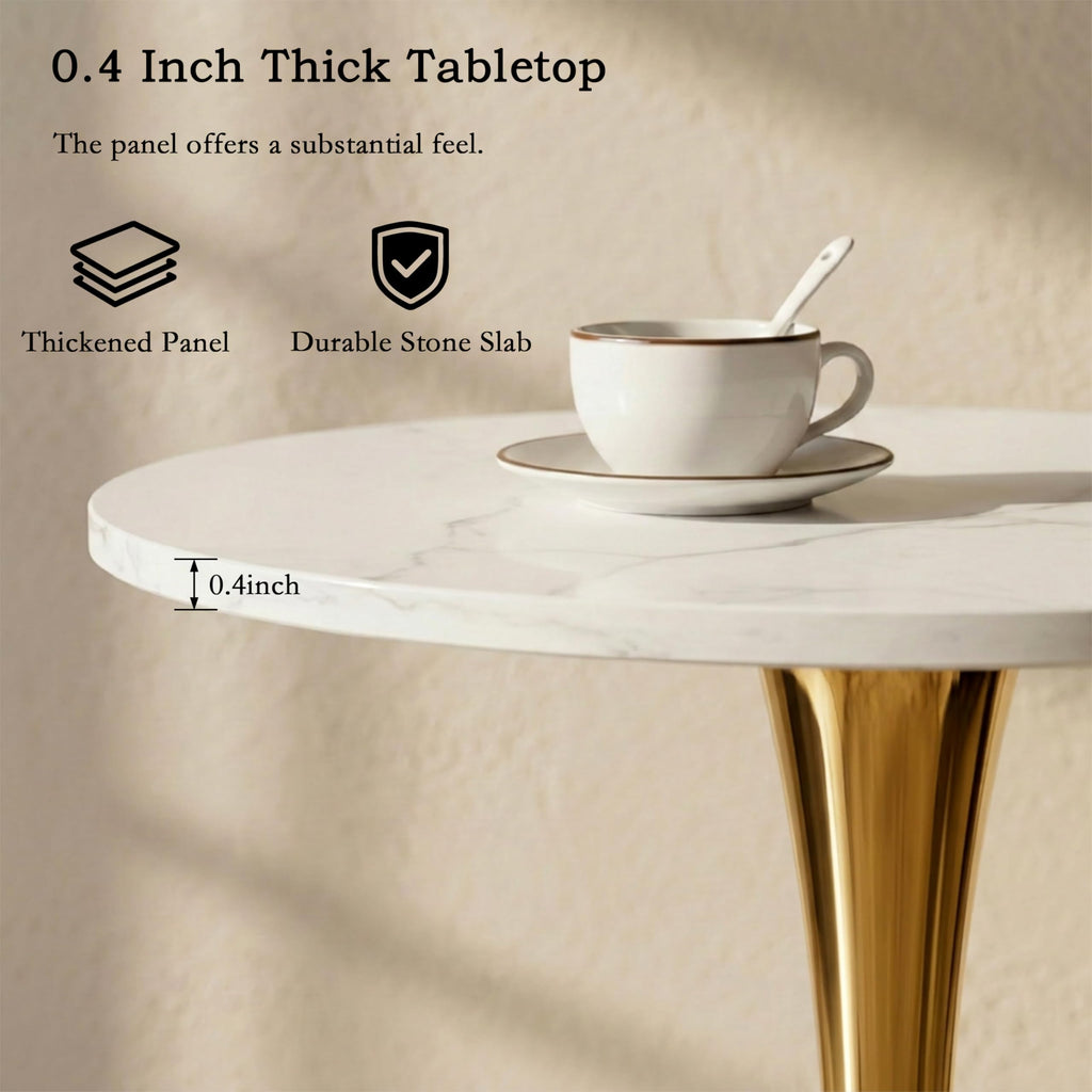 Sybrioka 27.6" Marble Round Tulip Table, Mid-Century Modern Style Dining Table with Gold Pedestal Base for 2-4 People, Featuring A Marble Tabletop for Kitchen, Dining Room, Cafe (White)