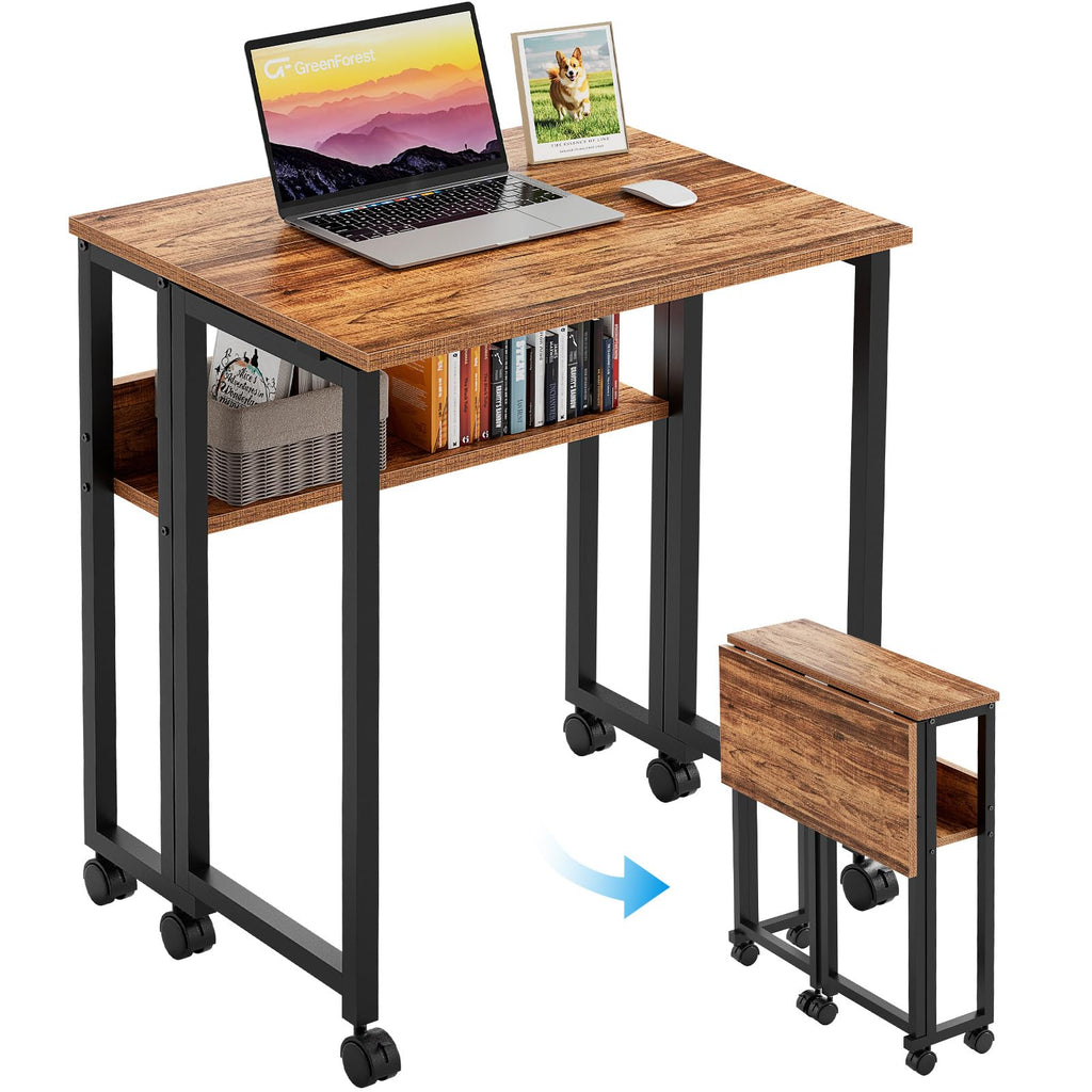 Folding Desk with Wheels, 24.8 Inch Compact Rolling Computer Table with Storage Shelf, Portable Mobile Workstation for Small Spaces, Easy Assembly,Walnut