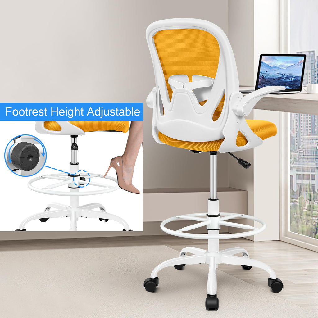 Drafting Chair Tall Office Chair with Flip-up Armrests Executive Ergonomic Computer Standing Desk Chair with Lumbar Support and Adjustable Footrest Ring (Mustard)