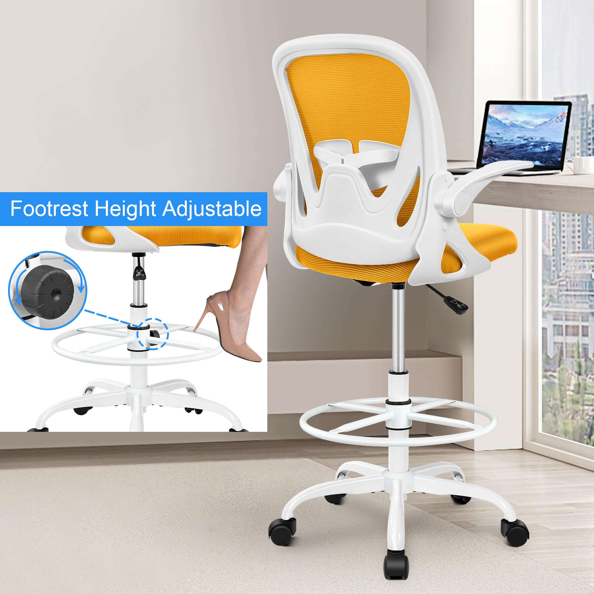 Drafting Chair Tall Office Chair with Flip-up Armrests Executive Ergonomic Computer Standing Desk Chair with Lumbar Support and Adjustable Footrest Ring (Mustard)