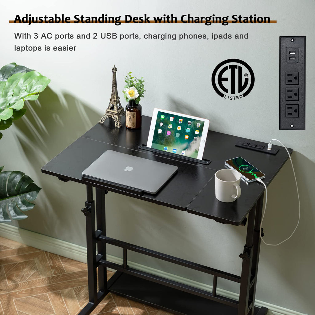 Stand Up Desk, Rolling Desk Adjustable Height, Mobile Standing Desk with Wheels & Charging Station, Portable Stand for Laptop, Rolling Computer Cart TV Tray, Small Standing Desk Drawing Table