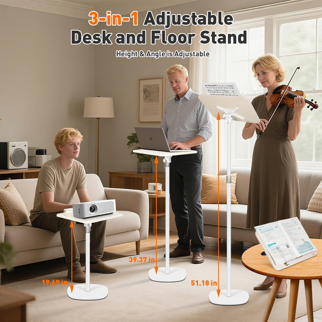 2-in-1 Floor Standing Book Stand, Foldable Book Holder for Reading with Page Clips, 19"–51" Height Adjustable, Sturdy Podium Stand for Reading, Bible, Laptop, Cookbooks, or Projector