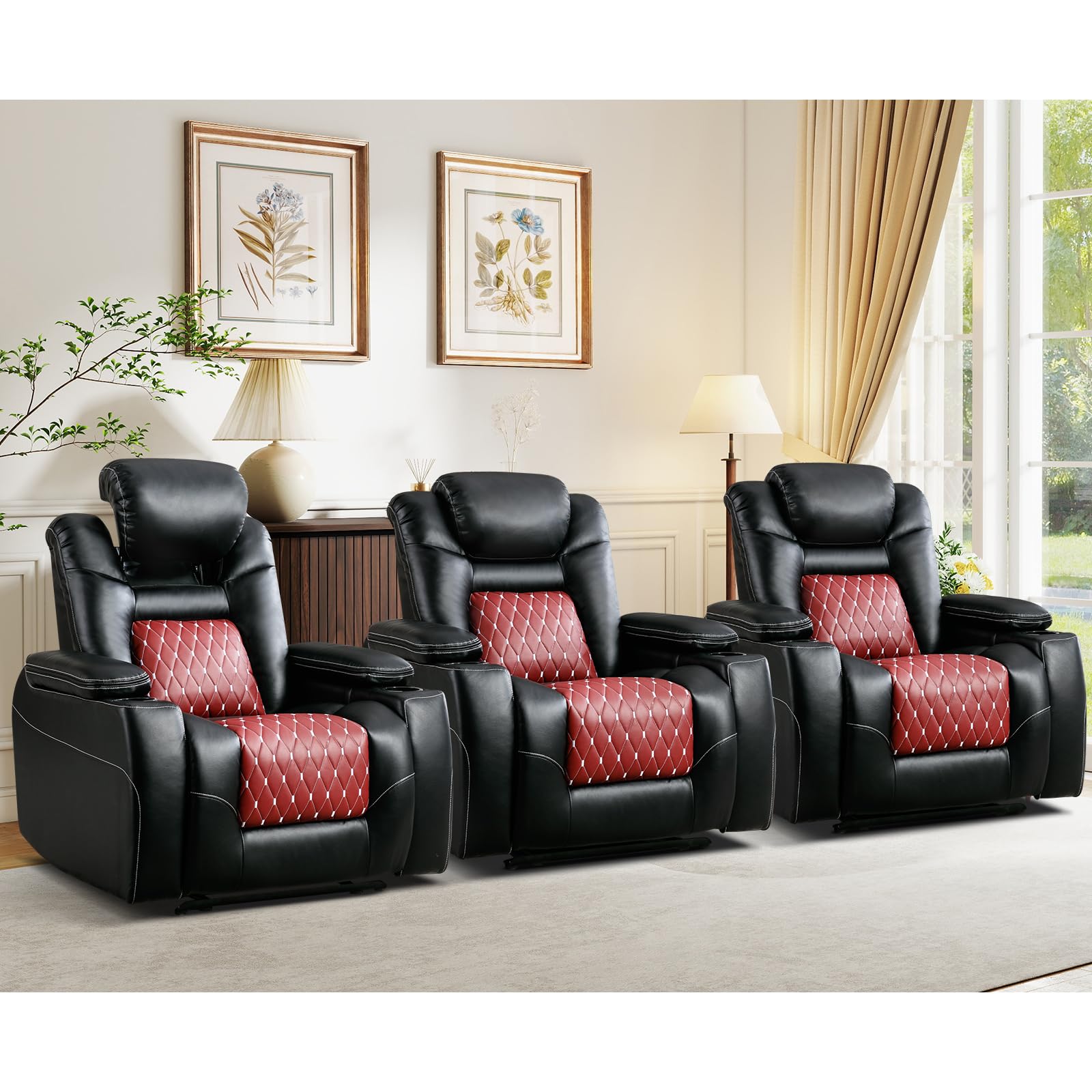Power Recliner Chair Set of 3,Home Theater Seating with Adjustable Headrest,Cup Holders,USB Port,Hidden Arm Storage(Black)