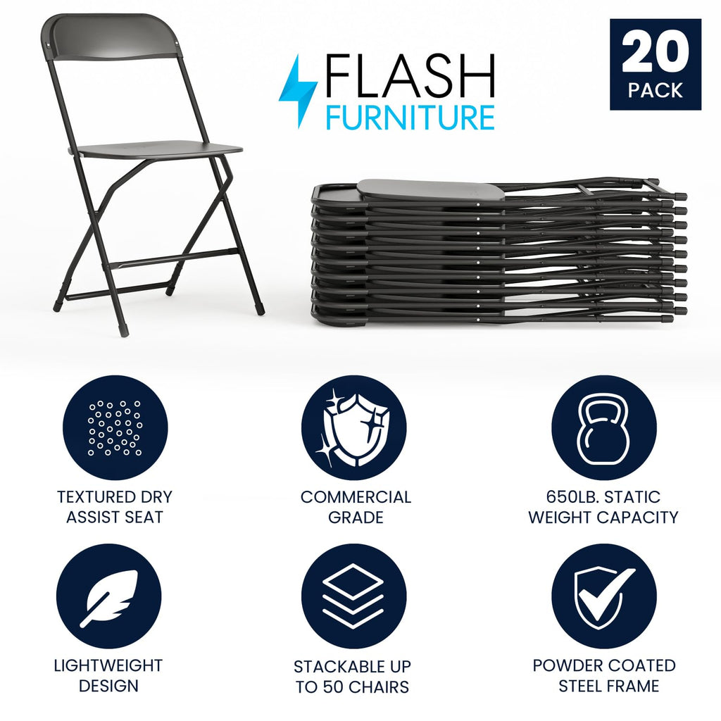 20 Pack , Hercules Series Plastic Folding Chair - Black - 650LB Weight Capacity Comfortable Event Chair-Lightweight Folding Chair