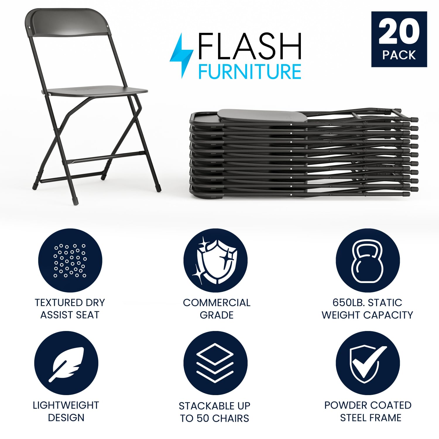 20 Pack , Hercules Series Plastic Folding Chair - Black - 650LB Weight Capacity Comfortable Event Chair-Lightweight Folding Chair