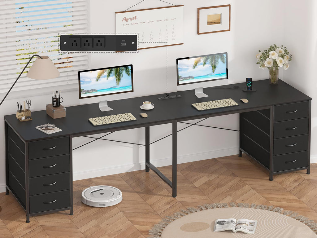 95'' Two Person Desk with 8 Drawers, Long Office Desk with Charging Station, 2 Person Desks Double Desk Writing Study Table for Home Office, Black