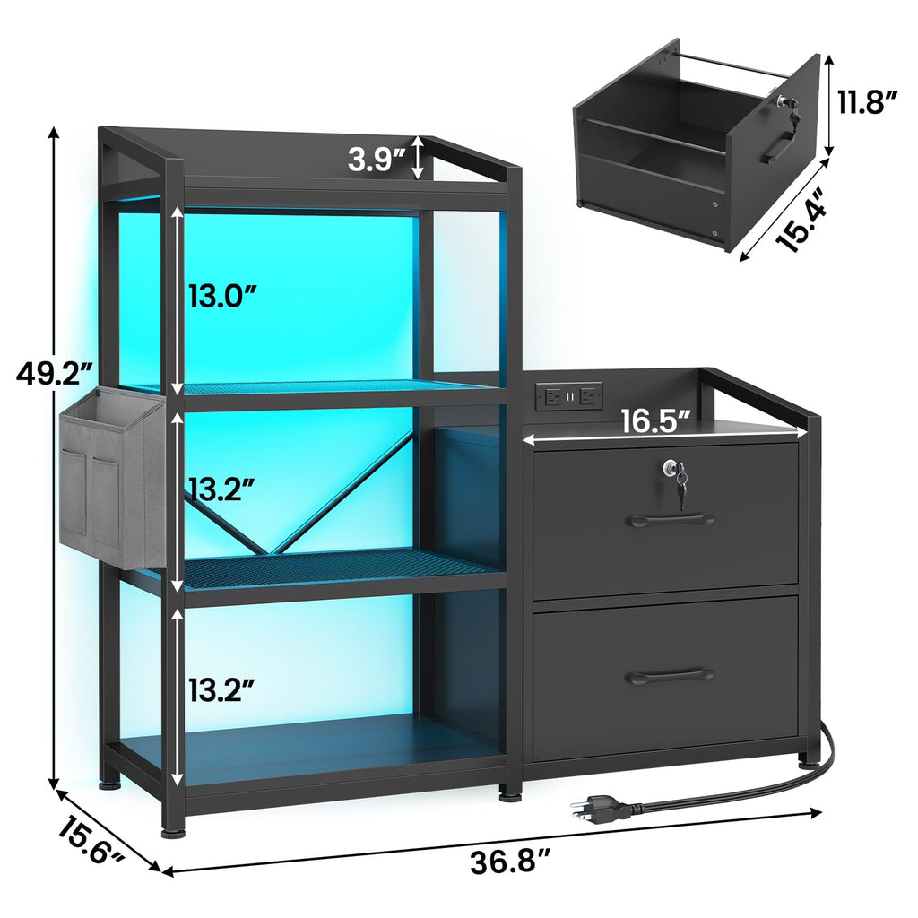 35.4” File Cabinet, Filing Cabinet fits Letter/A4 Size, 2 Drawe File Cabinets for Home Office with Power Strip, LED Lights, Lock, Open Shelf, Black