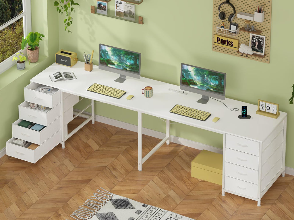 95'' Two Person Desk with 8 Drawers, Long Computer Desk with Charging Station, 2 Person Desks Double Desk Writing Study Table for Home Office, White