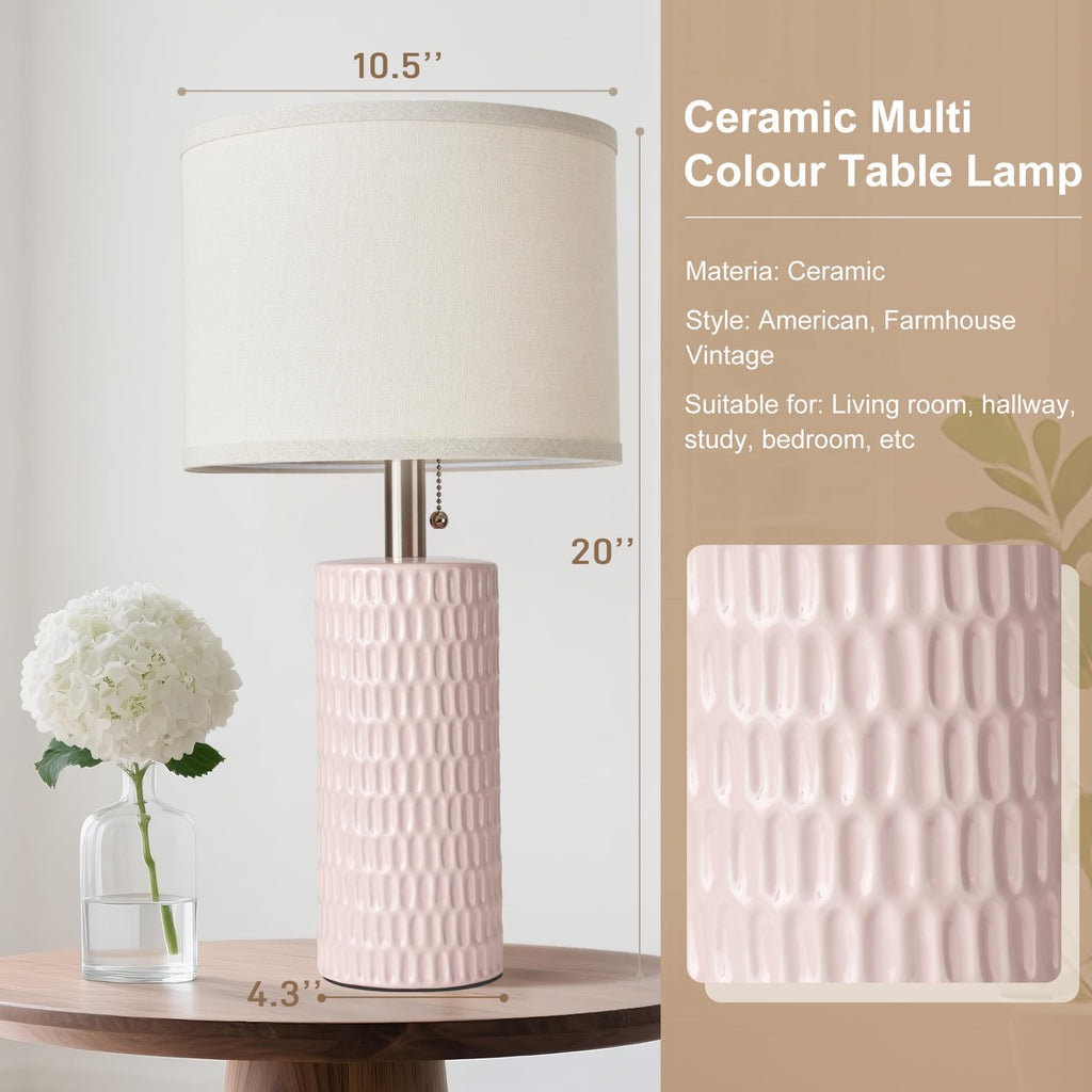 20.5" Modern Ceramic Table Lamps for Bedroom Set of 2, Bedside Lamps for Night Stands with Beige Lampshade, Farmhouse Table Lamp for Living Room Office Dorm, Pink