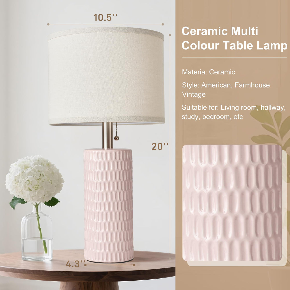 20.5" Modern Ceramic Table Lamps for Bedroom Set of 2, Bedside Lamps for Night Stands with Beige Lampshade, Farmhouse Table Lamp for Living Room Office Dorm, Pink
