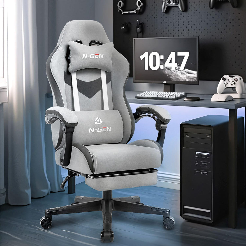 Gaming Chair with Footrest Lumbar Support for Home Office High Back Recliner Height Adjustable Ergonomic Comfy Fabric Computer Desk Chair (Grey)