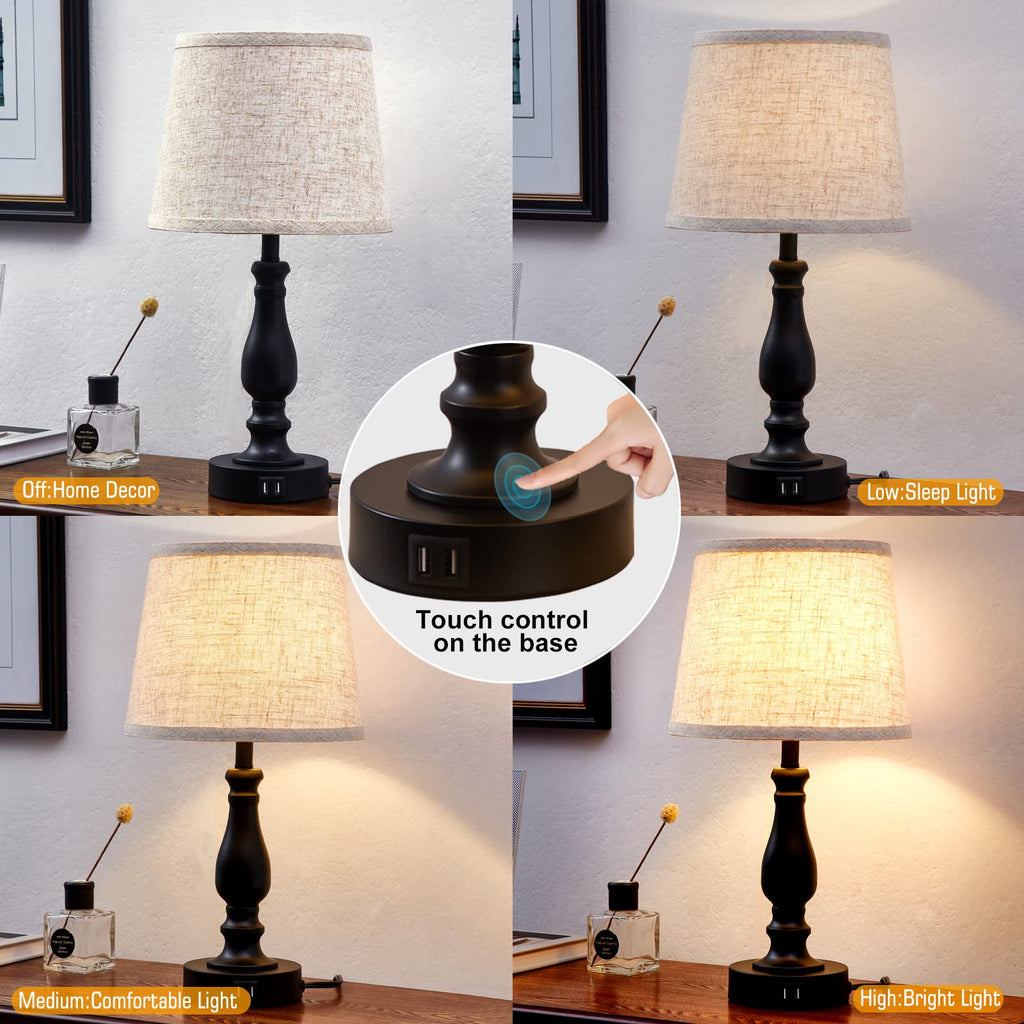 Table Lamps Set of 2, Bedside Nightstand Lamps with USB Charging Ports,Dimmable Touch with Linen Fabric Lampshade, Modern Small Lamp for Bedrooms, Living Room (Bulbs Included)