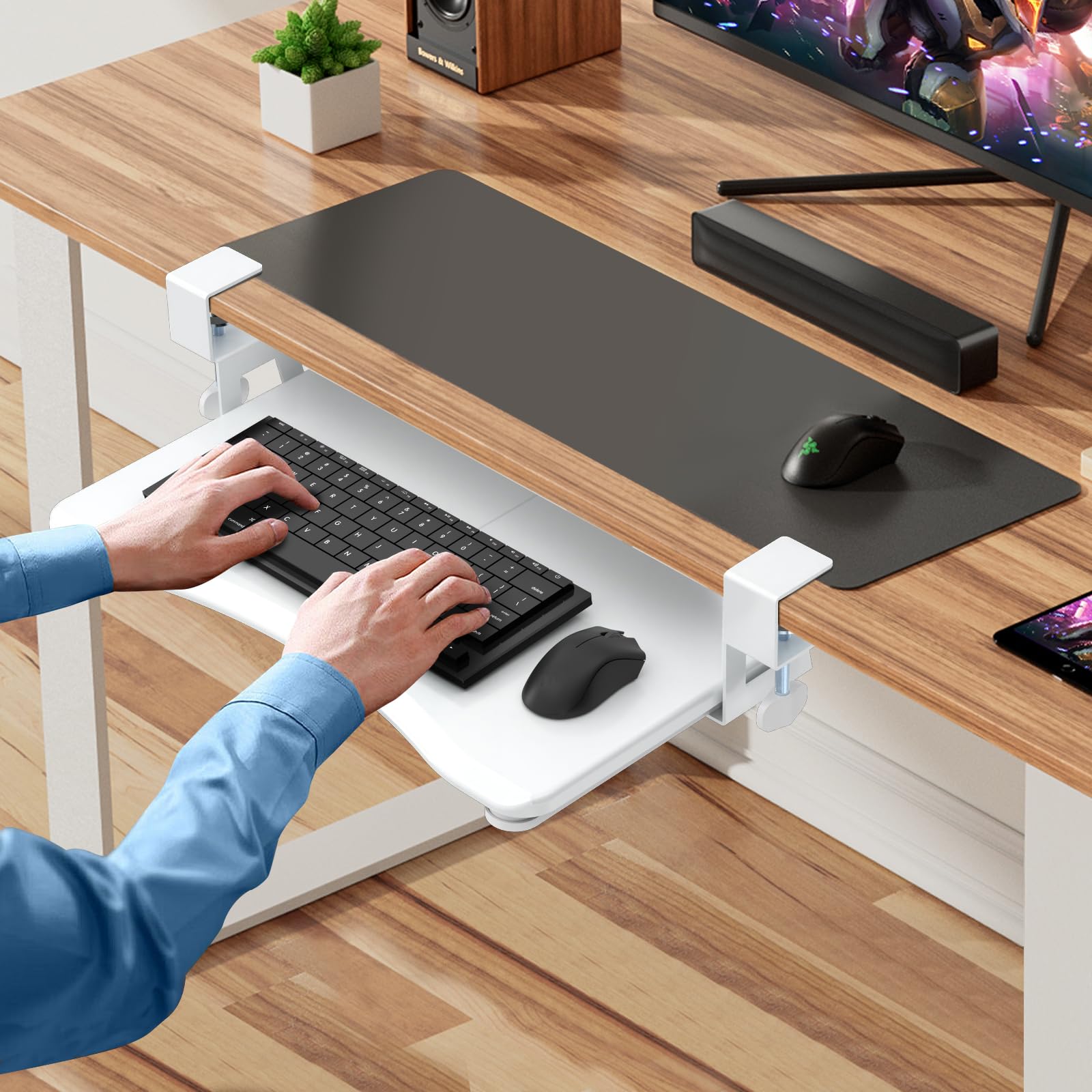 Small Keyboard Tray Under Desk Pull Out with C Clamp Mount, Computer Keyboard & Mouse Tray, 20 (24.2 Including Clamps) x 11.8 inch Slide-Out Platform Computer Drawer for Typing, White,