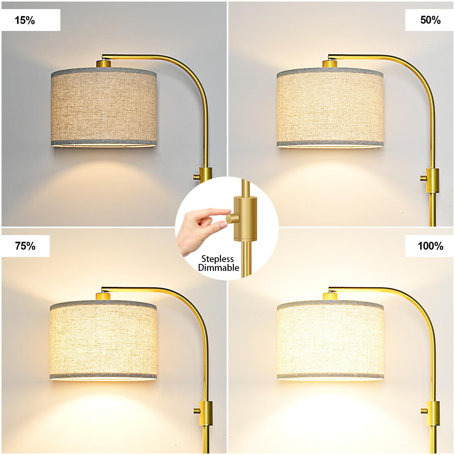 Upgraded Modern Arc Dimmable Tall Standing Floor Lamp with Linen Shade, 1200 Lumens LED Bulb Included, for Living & Reading Room, Bedroom, Office & Nursery, Gold