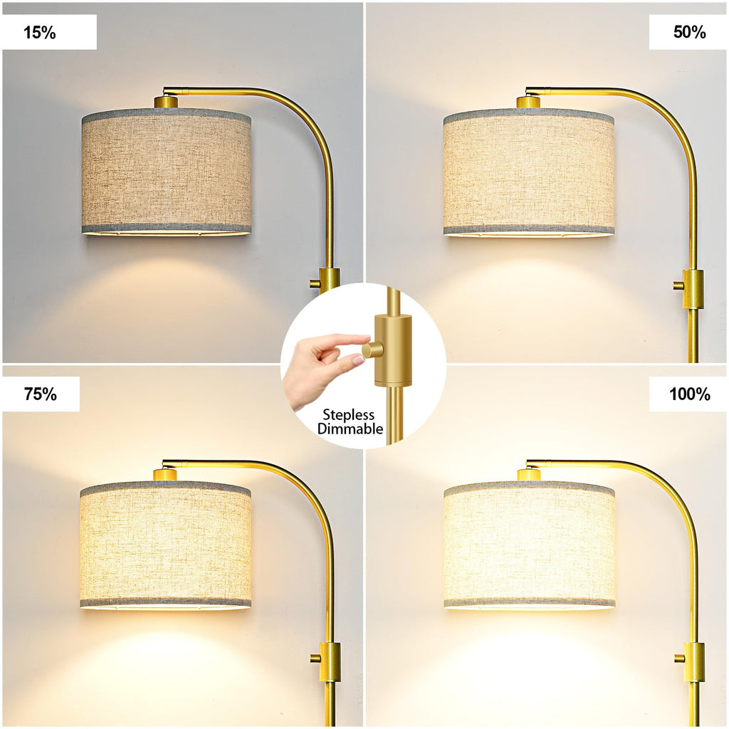 Upgraded Modern Arc Dimmable Tall Standing Floor Lamp with Marble Base & Linen Shade, 1200 Lumens LED Bulb Included, for Living & Reading Room, Bedroom, Office & Nursery, Gold
