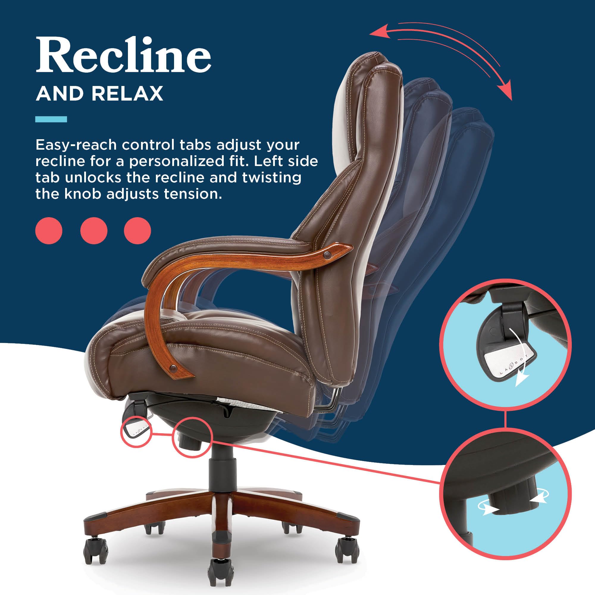 Delano Big and Tall Executive Office Chair - Ergonomic Lumbar Support Memory Foam - Bonded Leather Desk Chair for Home Office - Mahogany Wood Arms - Chestnut Brown