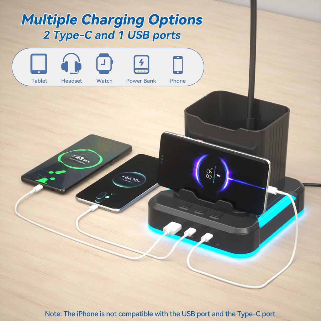 5 in 1 Desk Lamp with Charging Ports, 9 RGB Modes Gaming Table Light