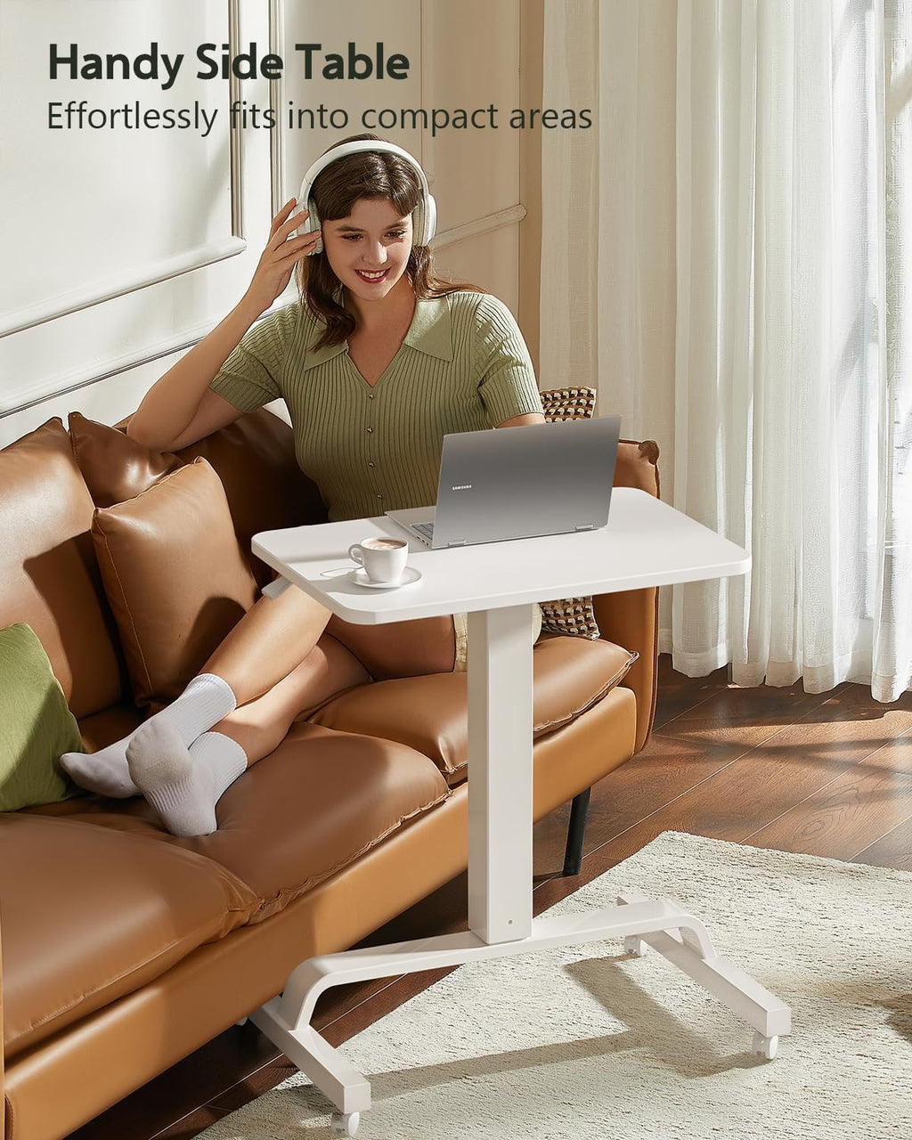 Height Adjustable Mobile Standing Desk with 360 Swivel Casters, 29"-45" Pneumatic Rolling Desk on Wheels, Perfect for Home Office, Bedroom, Living Room, White