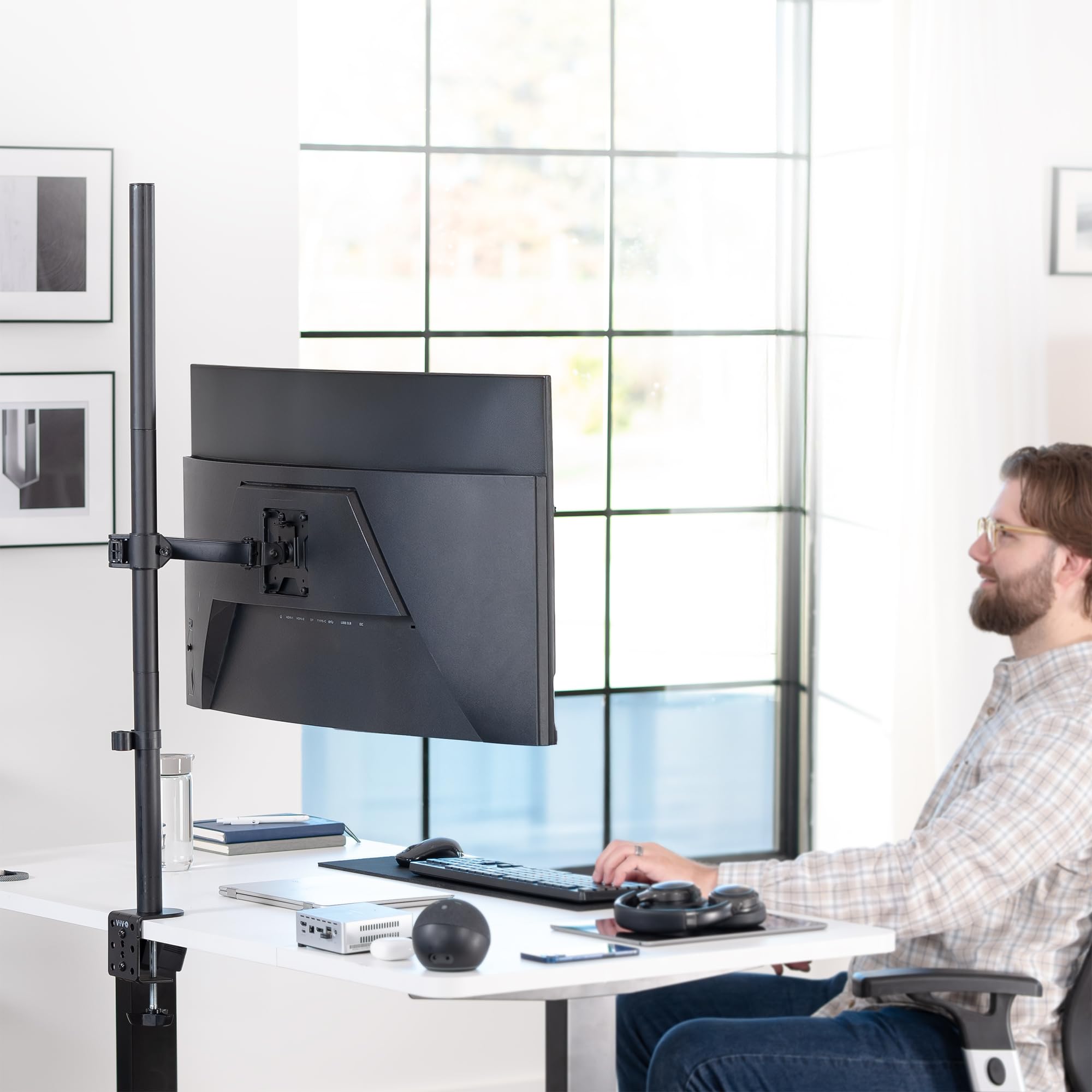 Extra Tall Single Monitor Desk Mount, 39 inch Pole VESA Stand for 13 to 32 inch Screens and up to 38 inch Ultrawides, Holds 22 lbs, Black, STAND-V011