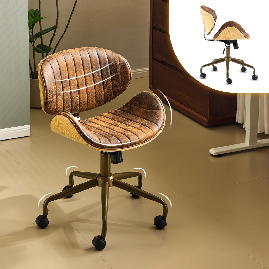 Wide Comfotable Swivel Home Office Chair with Wood-Grain Curved Shell,Ergomomic Mid-Back Padded Armless Modern Desk Chair with Wheels,Height Adjustable for Computer,Task,Work,Microfiber,Rustic