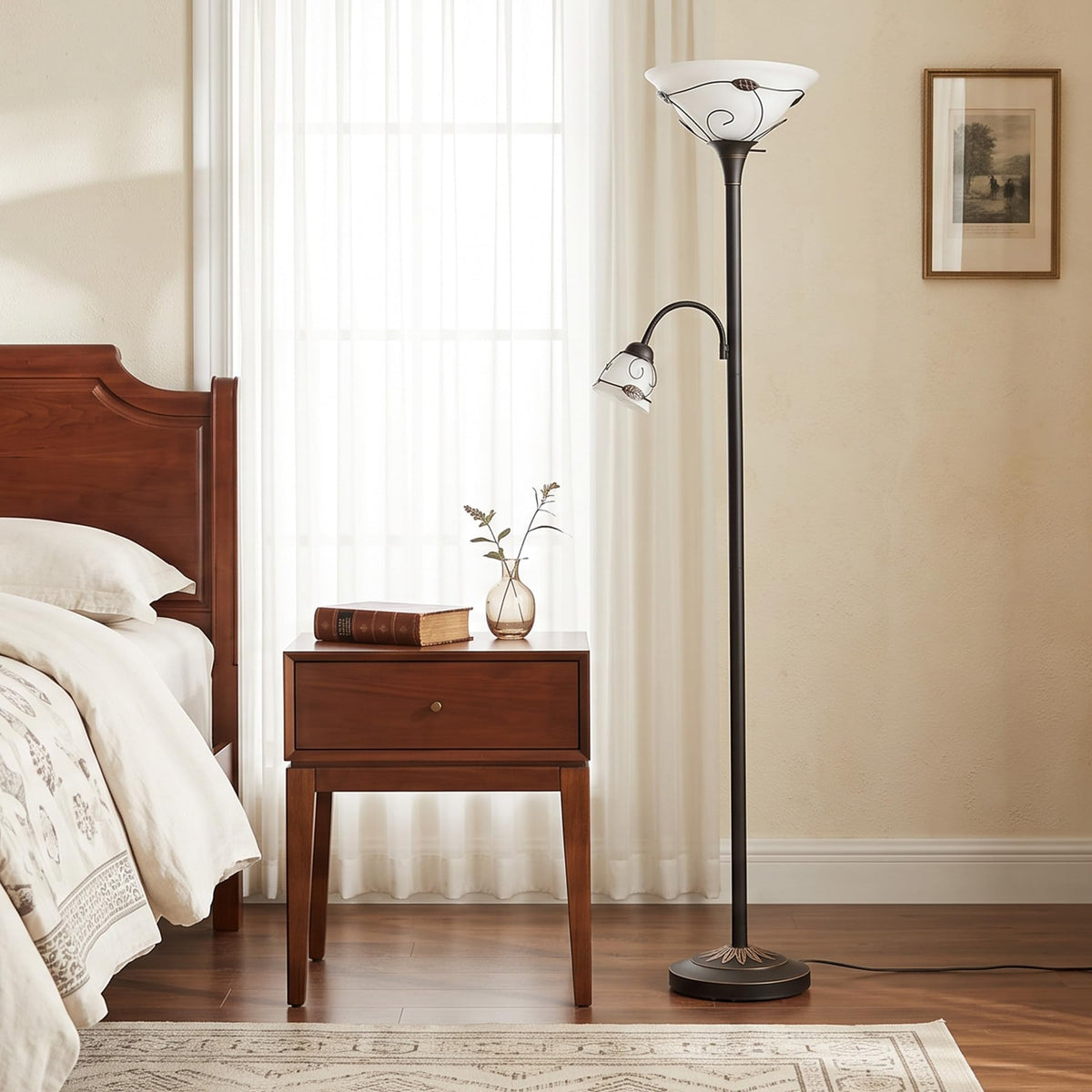 Torchiere Floor Lamp with Side Reading Light, 3-Way Switch Combo Antique Bronze Mother Daughter Floor Lamp with Glass Shade, 71" Desk Floor Lamp for Living Room Corner Bedroom Home Office