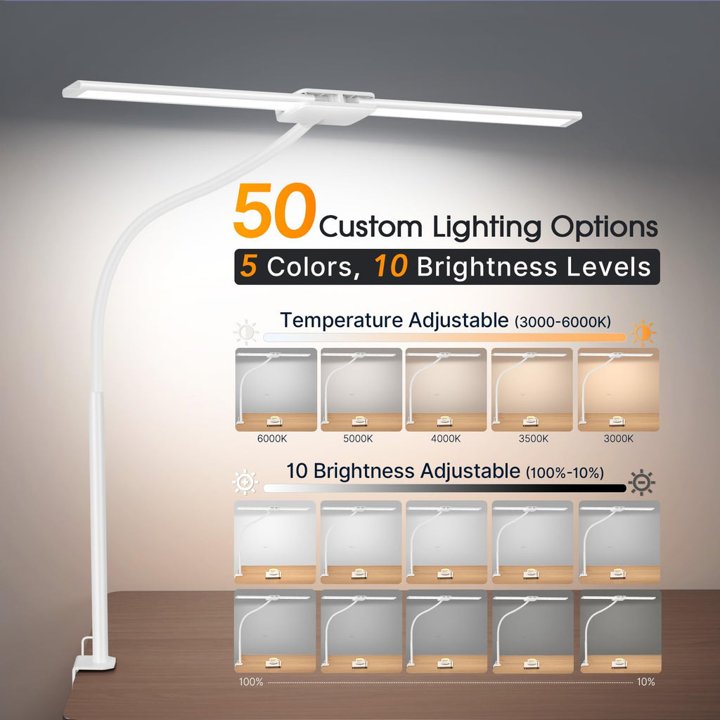LED Desk Lamp, Dual Head Desk Light with Clamp, 50 Lighting Modes Eye-Caring Table Lamp, Flexible Gooseneck Task Light with Motion Sensor, Wired Control, Timer & Memory Function for Office