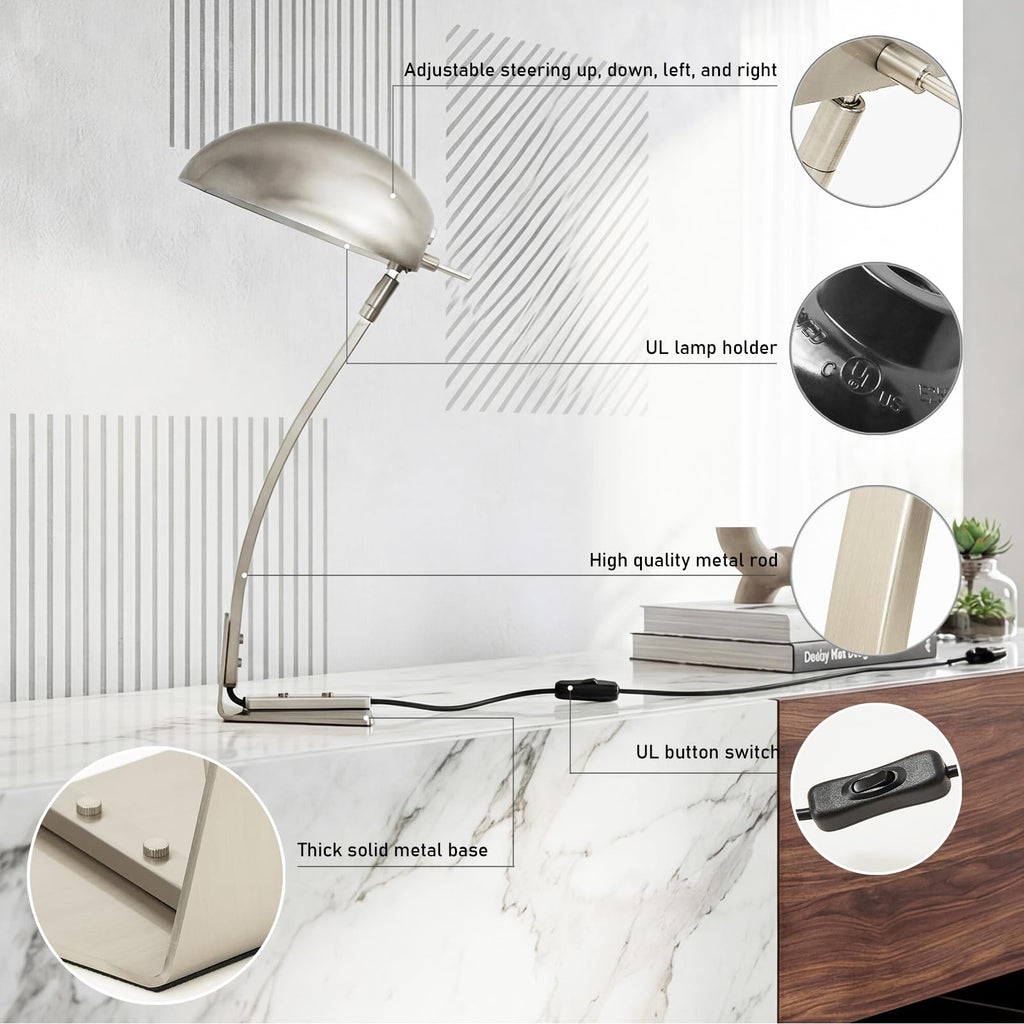 18.4" Metal Desk Lamp Modern Industrial Table Lamp, Adjustable Neck Architect Lights (3000K) with On/Off Switch, Bedside Reading Lamps for Office Bedroom Study Room Side Table (Nickel)