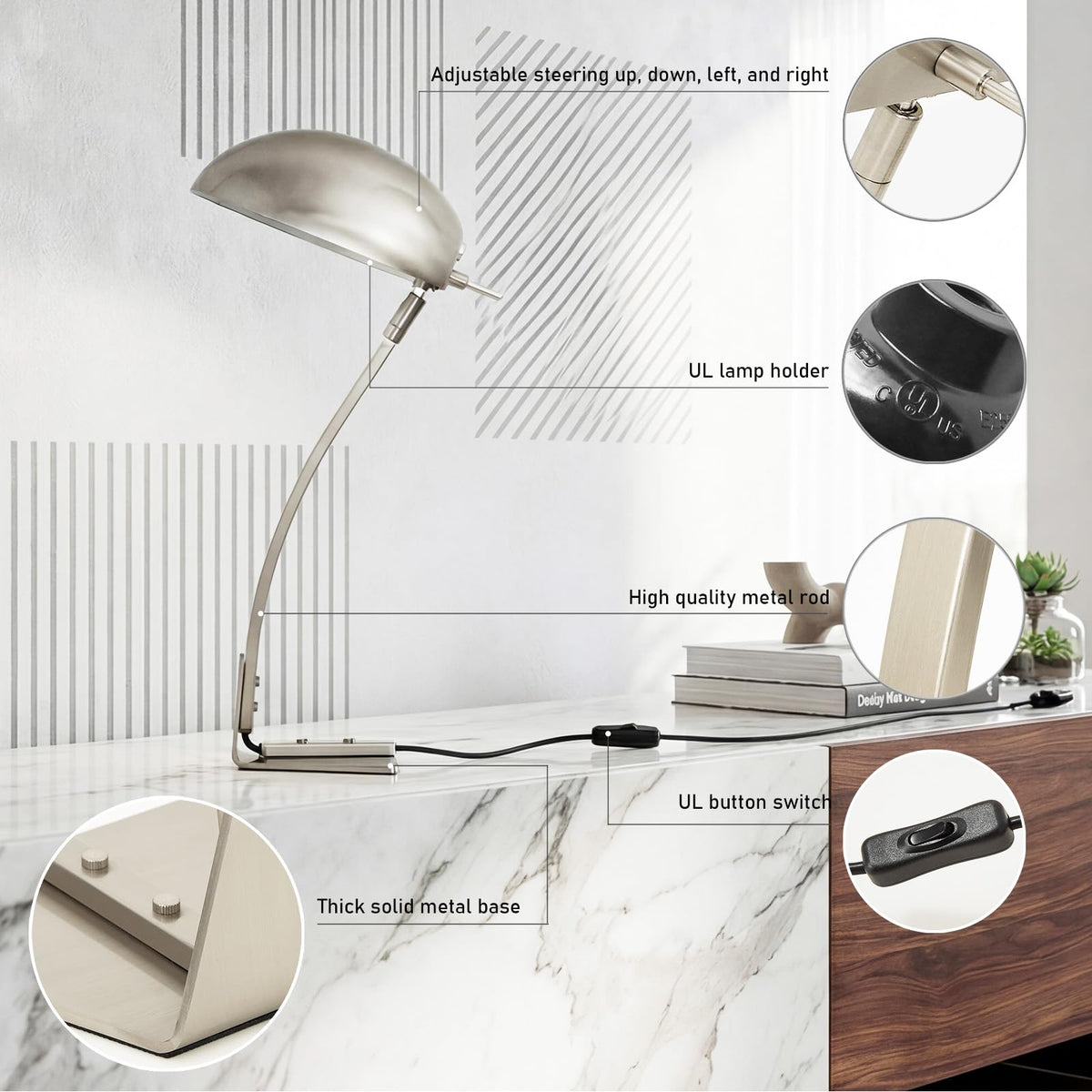 18.4" Metal Desk Lamp Modern Industrial Table Lamp, Adjustable Neck Architect Lights (3000K) with On/Off Switch, Bedside Reading Lamps for Office Bedroom Study Room Side Table (Nickel)
