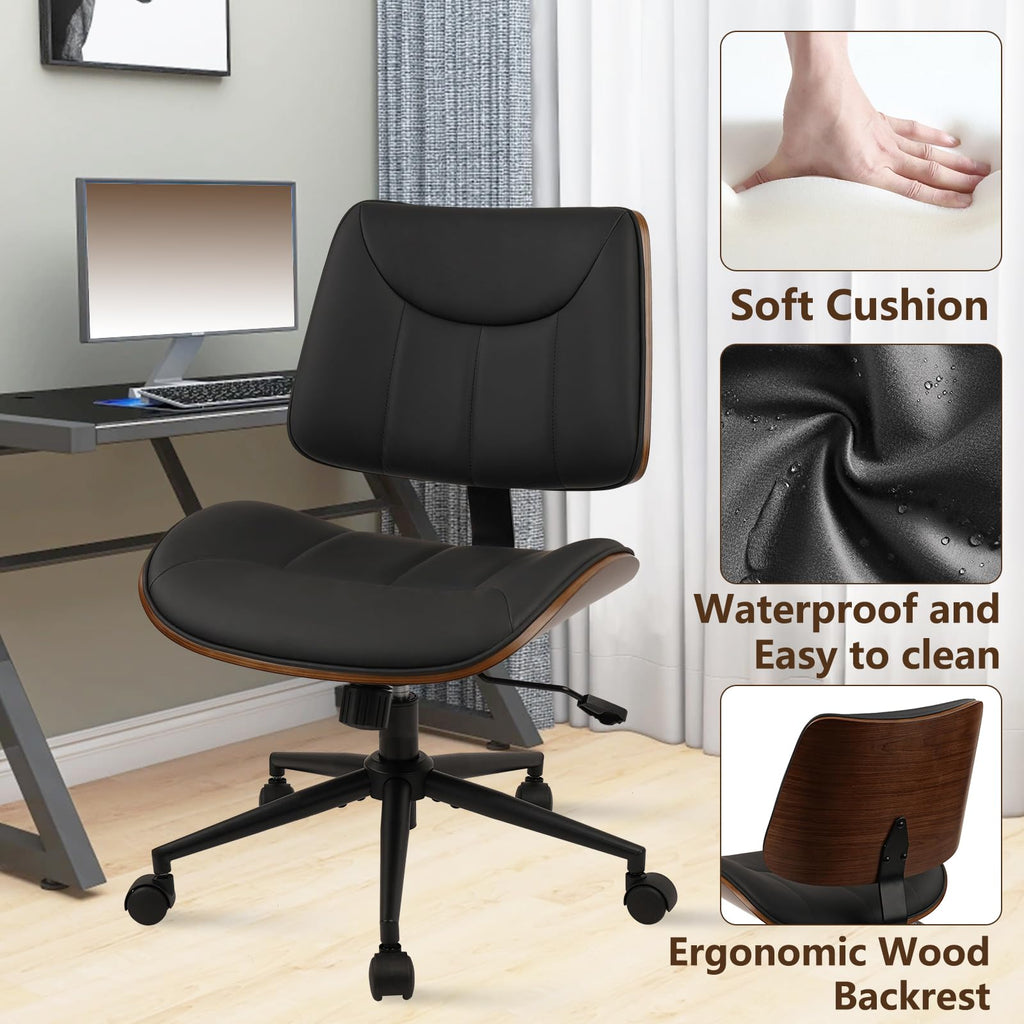 Office Chair Armless with Wheels, Mid-Century Modern Walnut Desk Chair, Adjustable Height Reading Chair, PU Leather Mid Back & Swivel Computer Chairs for Home Meeting Room Bedroom, Black(2 PK)
