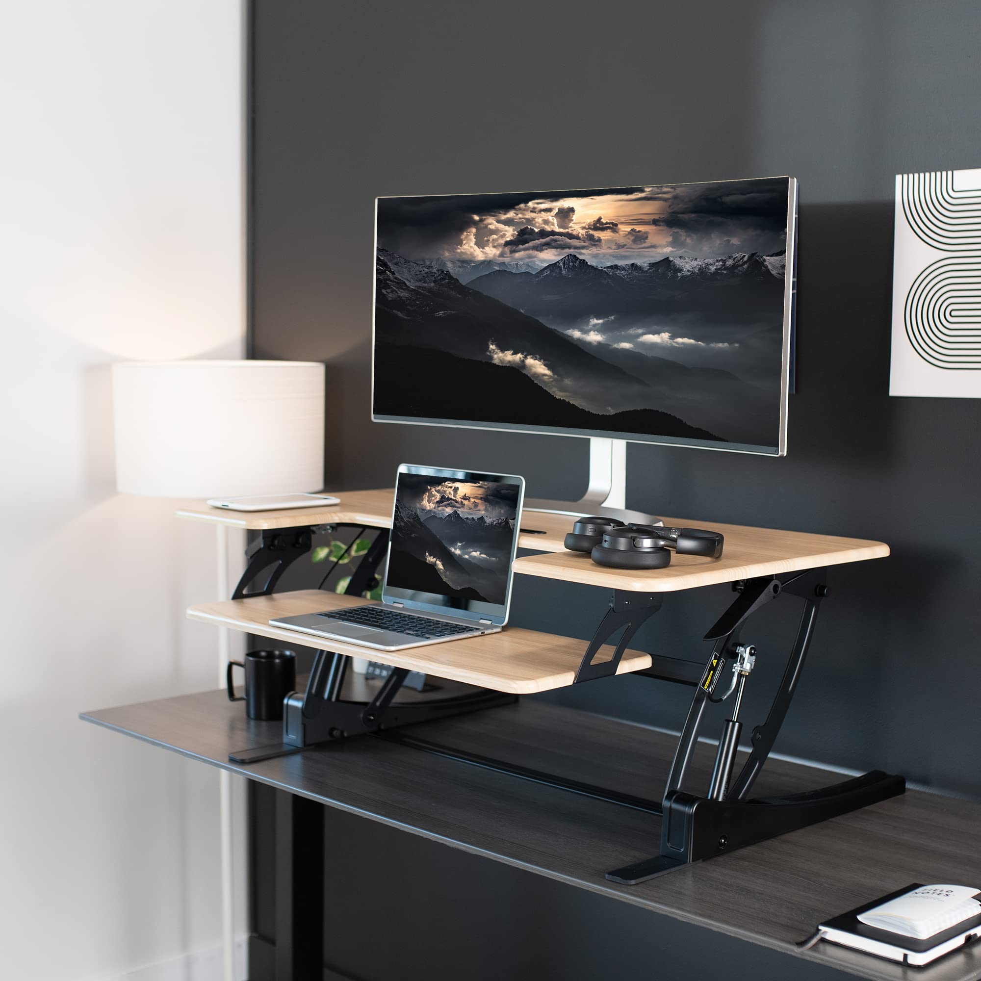 42 inch Height Adjustable Stand Up Desk Converter, V Series, Quick Sit to Stand Tabletop Dual Monitor Riser Workstation, Light Wood Top, Black Frame, DESK-V000VLO