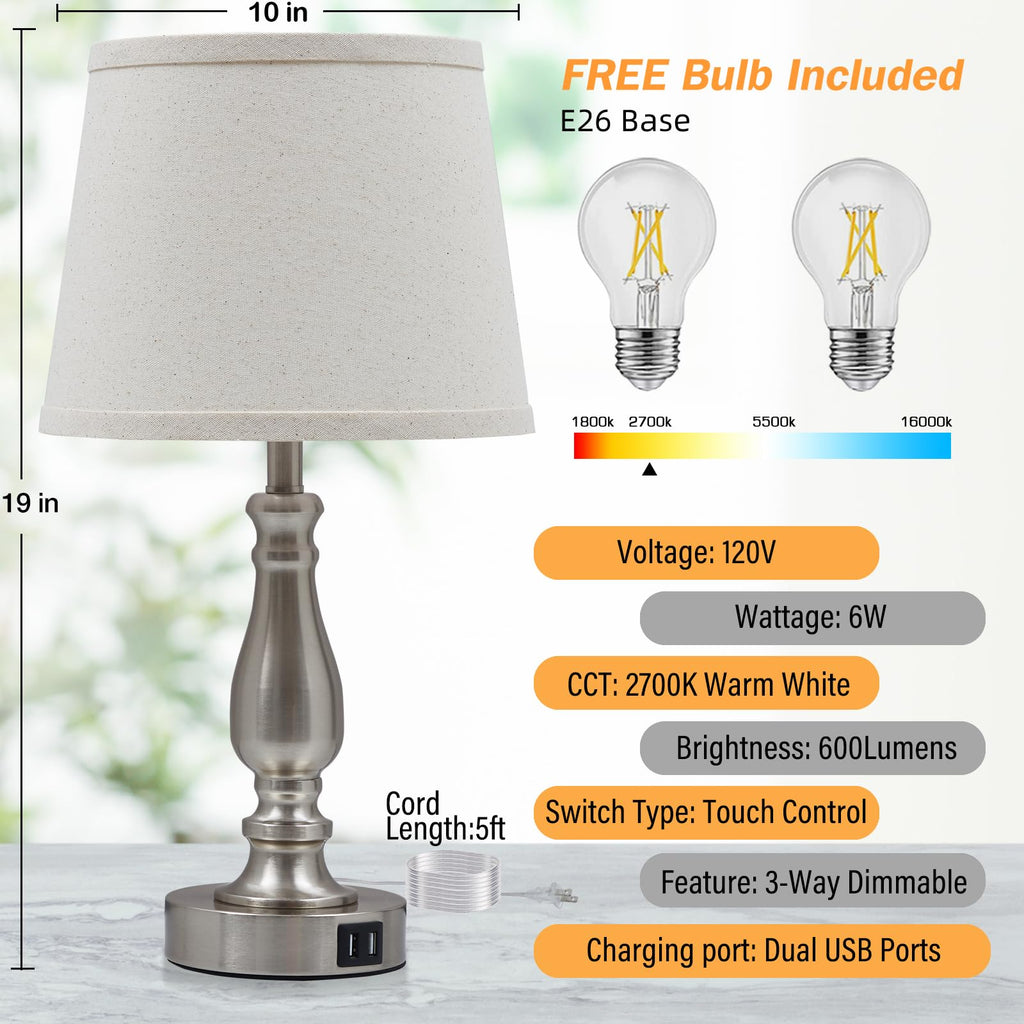 Lamps for Bedrooms Set of 2, Brushed Nickel Bedside Lamps with USB C+A Ports,Dimmable Nightstand Lamps with Fabric Lampshade, Touch Table Lamp for Living Room Bedroom Office, Bulbs Included