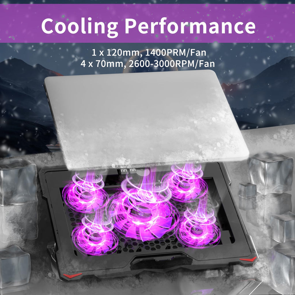 Laptop Cooling Pad for 15.6 to 17.3 Inches PC Notebooks, 5 Fans Computer Cooler Stands with Purple Lights Desk Chiller Mat, S035