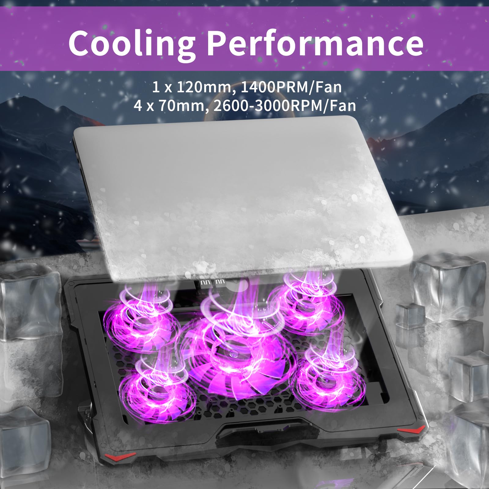 Laptop Cooling Pad for 15.6 to 17.3 Inches PC Notebooks, 5 Fans Computer Cooler Stands with Purple Lights Desk Chiller Mat, S035
