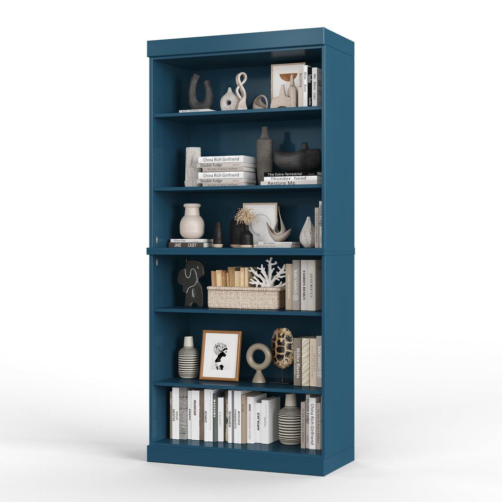 Solid Wood Bookcase - Tall 6-Tier Stackable Modular Bookshelf - 71.5" x 32” W - Teal Blue, Open Display Shelf for Living Room & Office Renewable 100% Eco-Friendly Wood, Made in Brazil