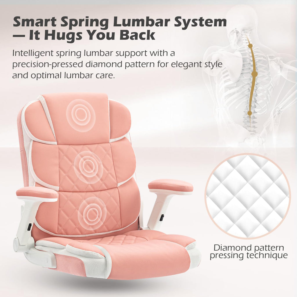 Pink Office Chair Ergonomic Desk Chair with Lumbar Support, Flip-Up Arms, Adjustable Swivel Computer Chair with Wheels, Comfortable PU Leather Cute Office Chair for Home Office Small Space