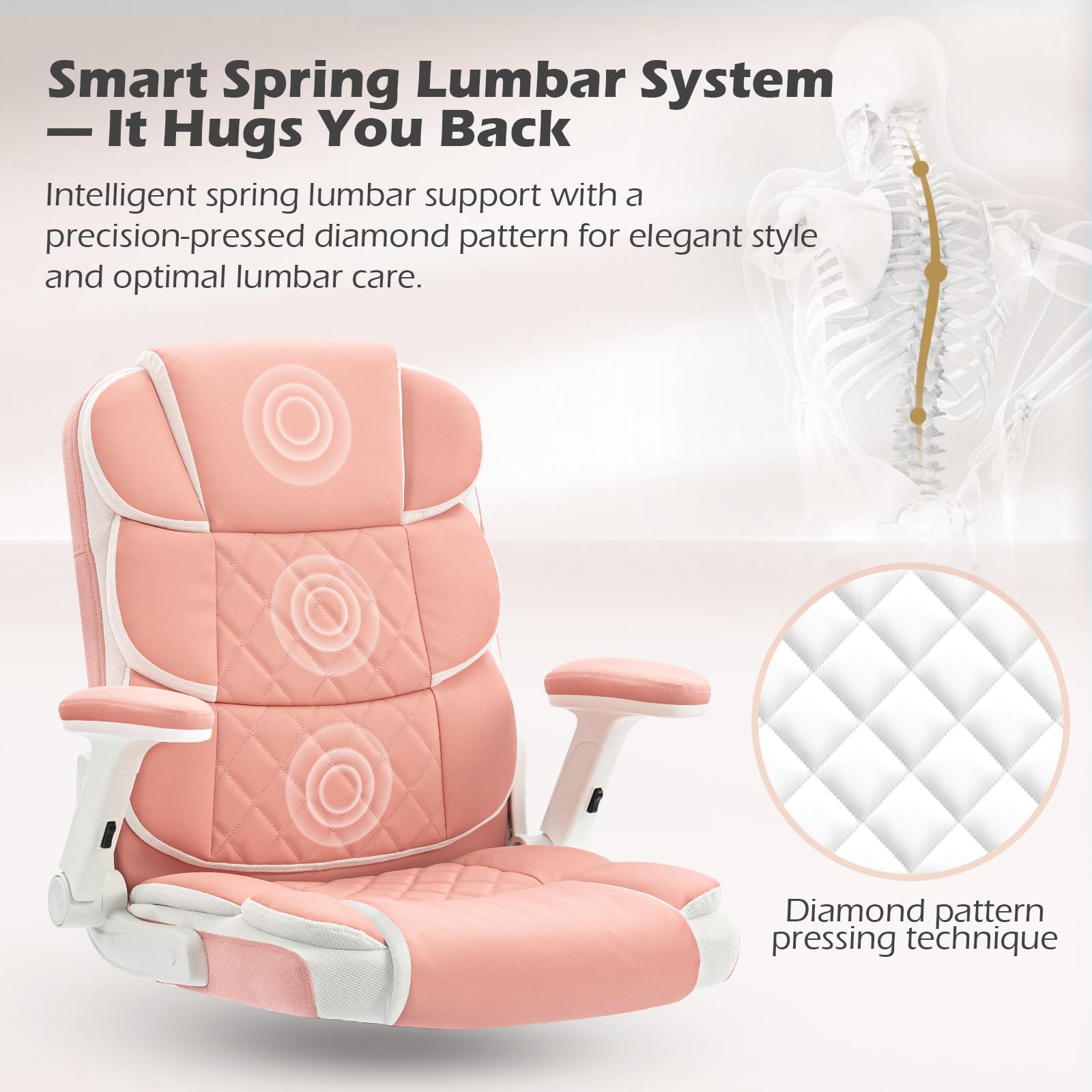 Pink Office Chair Ergonomic Desk Chair with Lumbar Support, Flip-Up Arms, Adjustable Swivel Computer Chair with Wheels, Comfortable PU Leather Cute Office Chair for Home Office Small Space