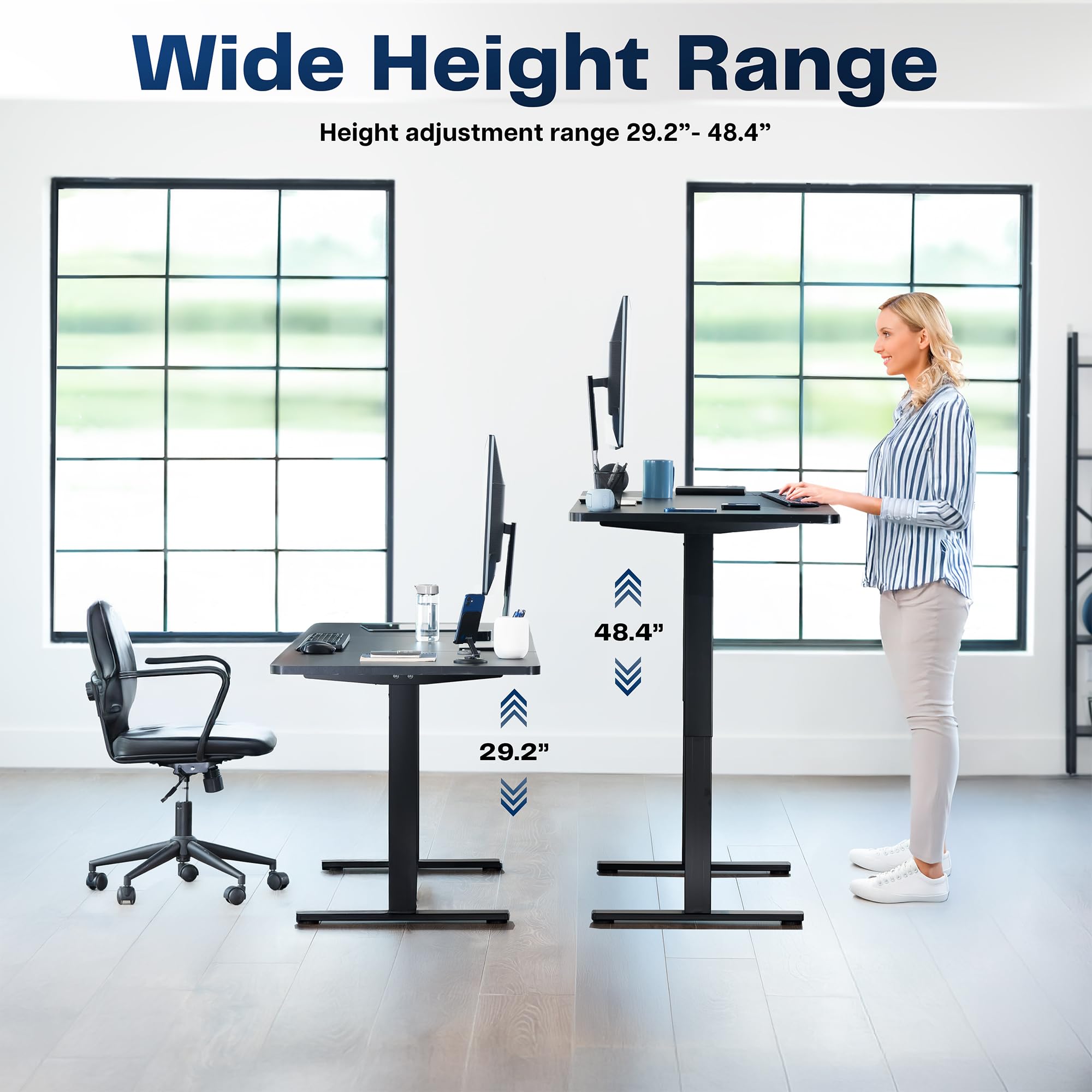 Electric 55 x 28 in Standing Desk, Memory Height Adjustment, 1B Series, Holds 220 lbs, One-Piece Black Top, Gray Frame