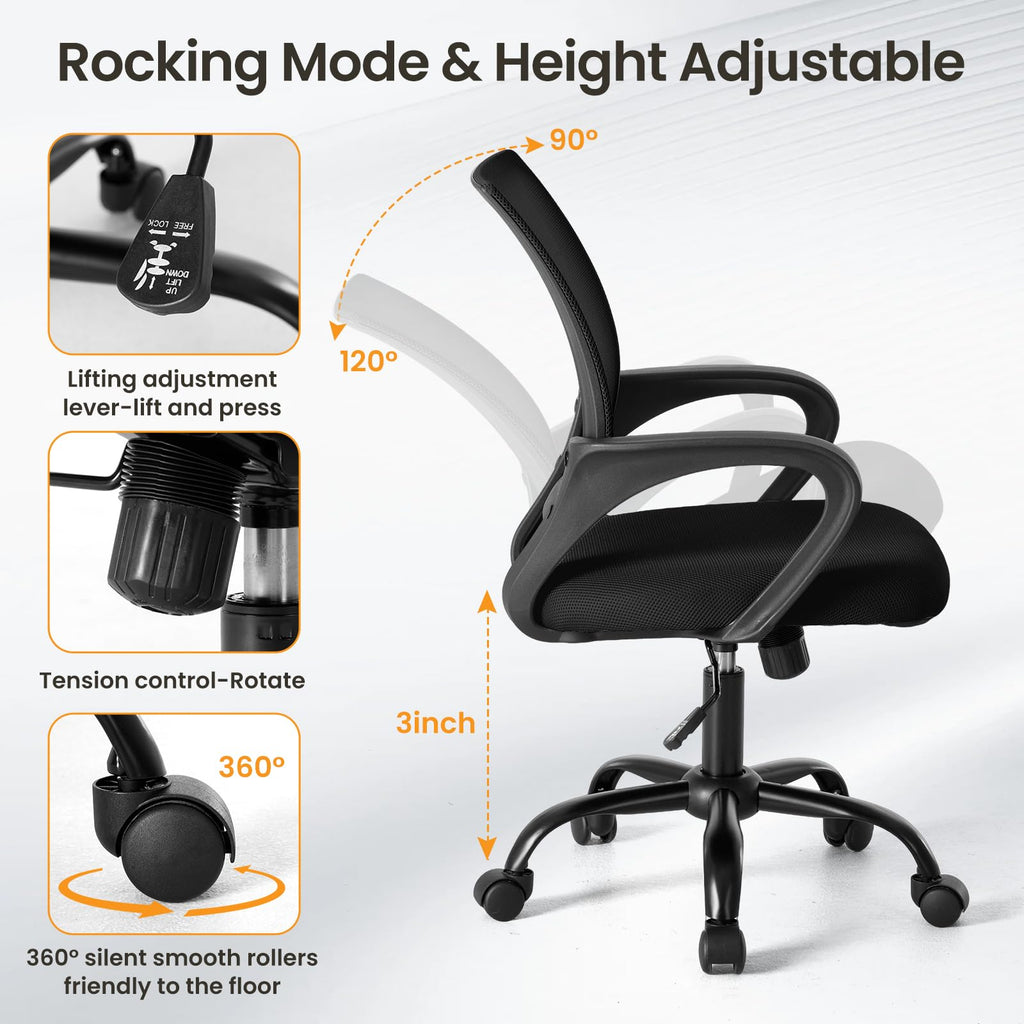 2 Pack, Office Desk Chair - Ergonomic Mid Back with Lumbar Support & Rocking Mode, Height Adjustable with Fixed Armrest, for Home, Computer, Gaming, Conference, Meeting, 360° Swivel, Black