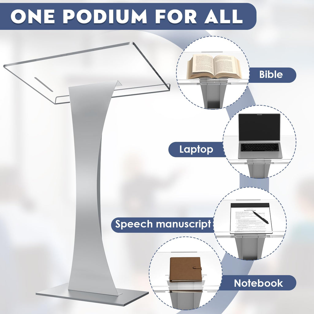 42.5" Pulpits for Churches, Acrylic Podium Stand with Iron Stable Bottom, Pulpit with 10MM Thickened Acrylic Countertop, Multi Function Lectern for Classroom Music Concert Conference